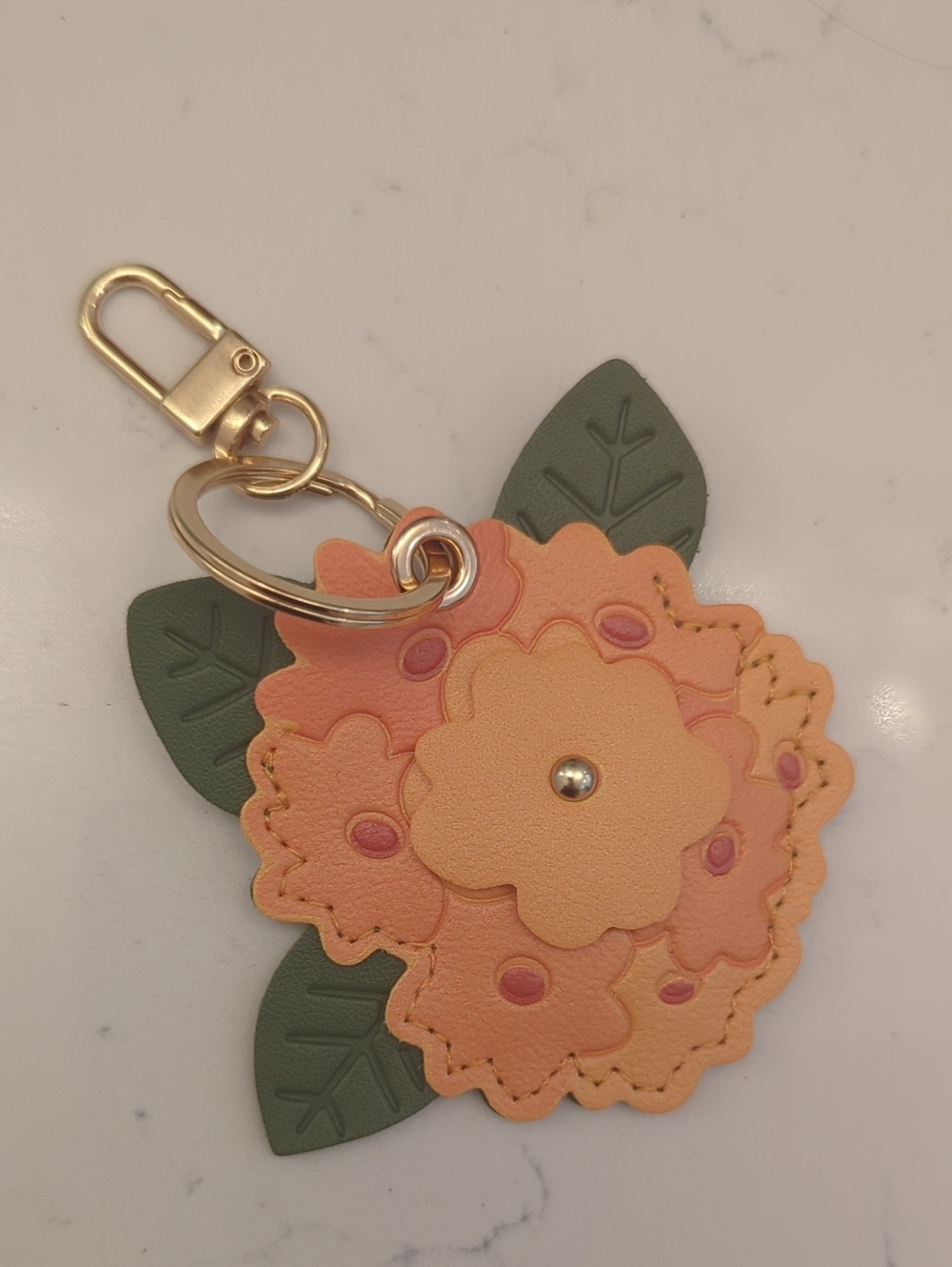 Floral Leather Keychain Charm in Peach and Green